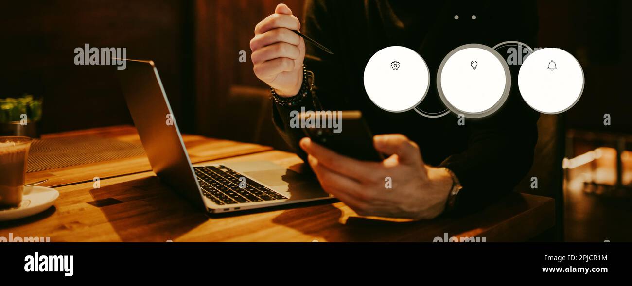 Big data management, digital technology, software development concept. Computer programmer, software engineer programming on laptop, data processing Stock Photo