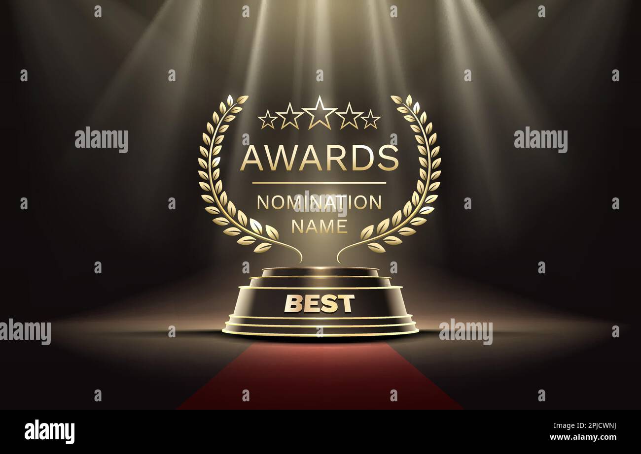 Awards nomination name podium, golden prize event, scene star ceremony. Vector illustration