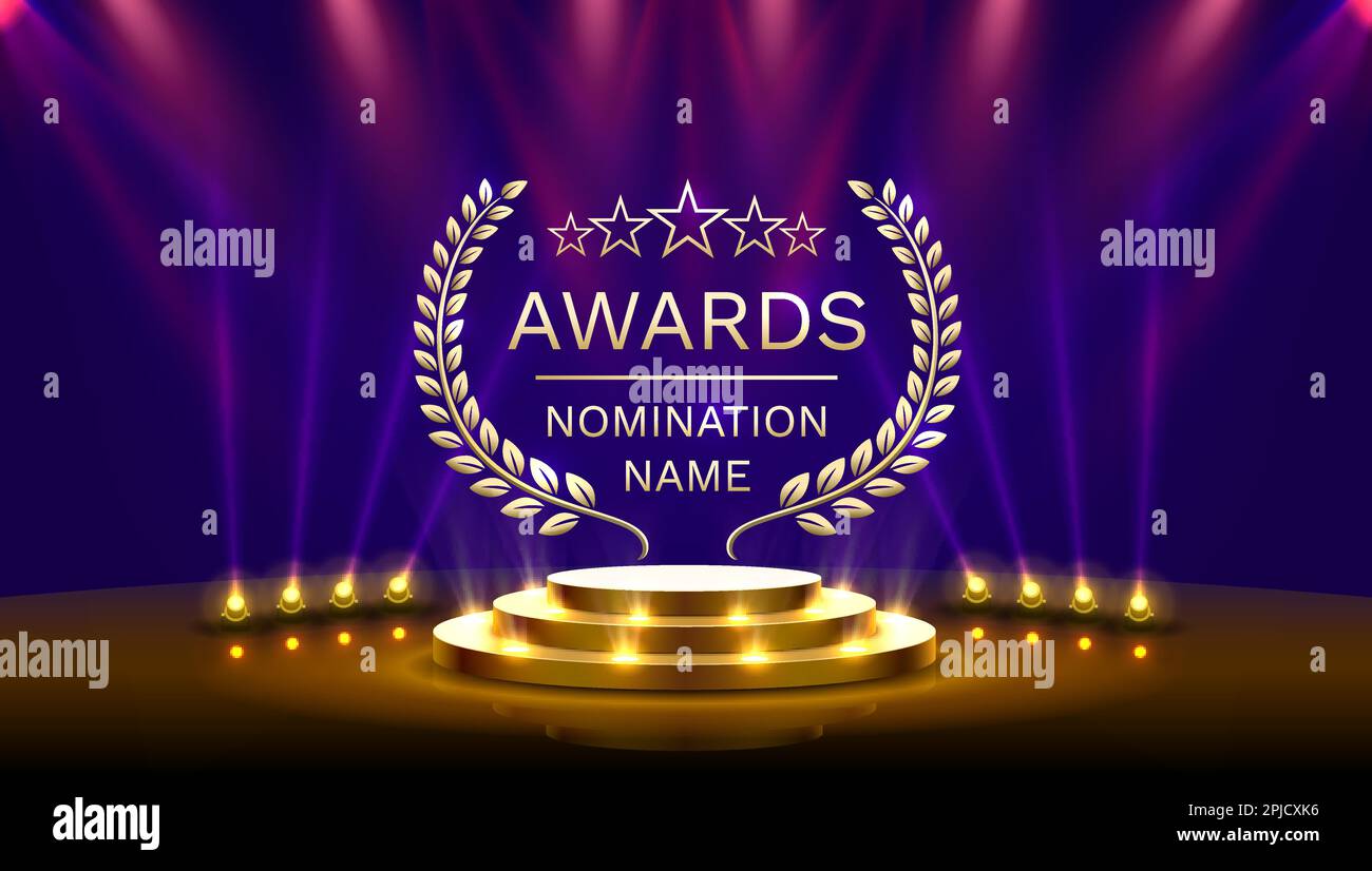 Awards nomination name podium, golden prize event, scene star ceremony. Vector illustration