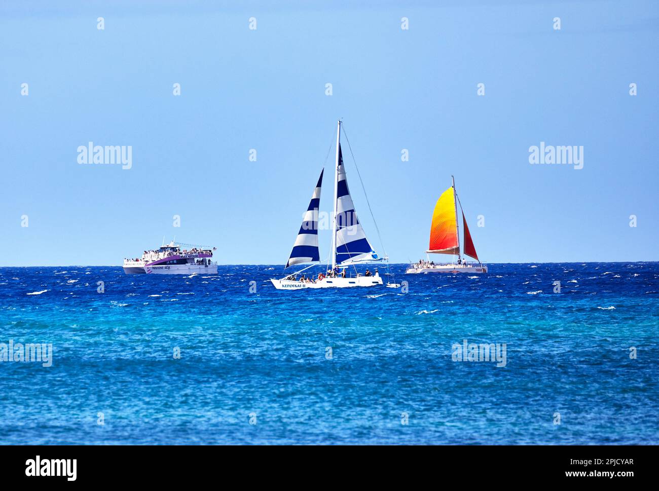 Oahu, Hawaii, USA, February 6, 2023 Whale Watching Tour Boats out on