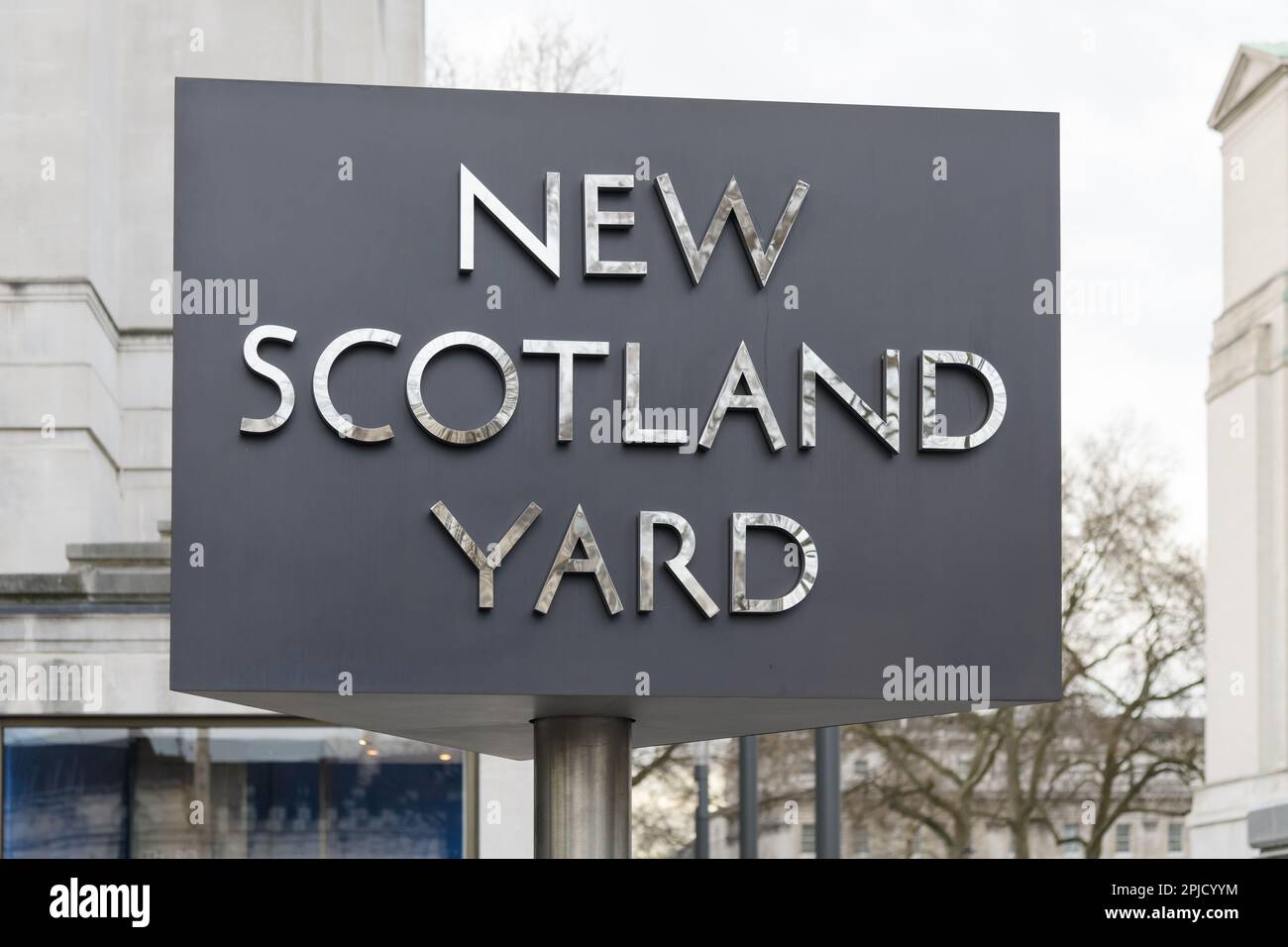 London, UK - March 16, 2023; Iconic three sided sign for Metropolitan Police New Scotland Yard in City of Westminster Stock Photo