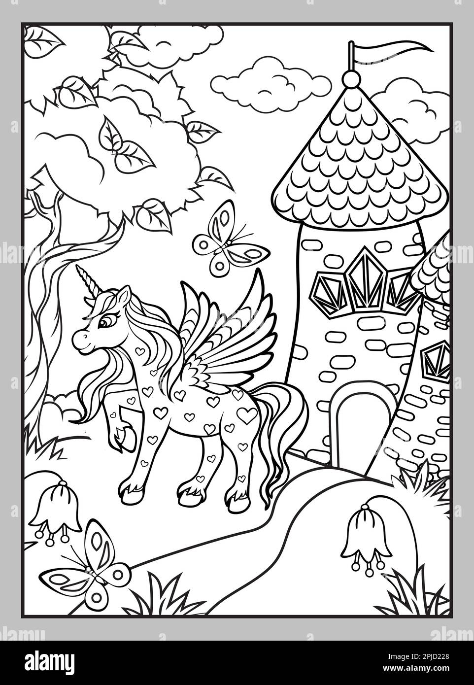 Cute unicorn with hearts and a castle on a summer lawn. Coloring page ...