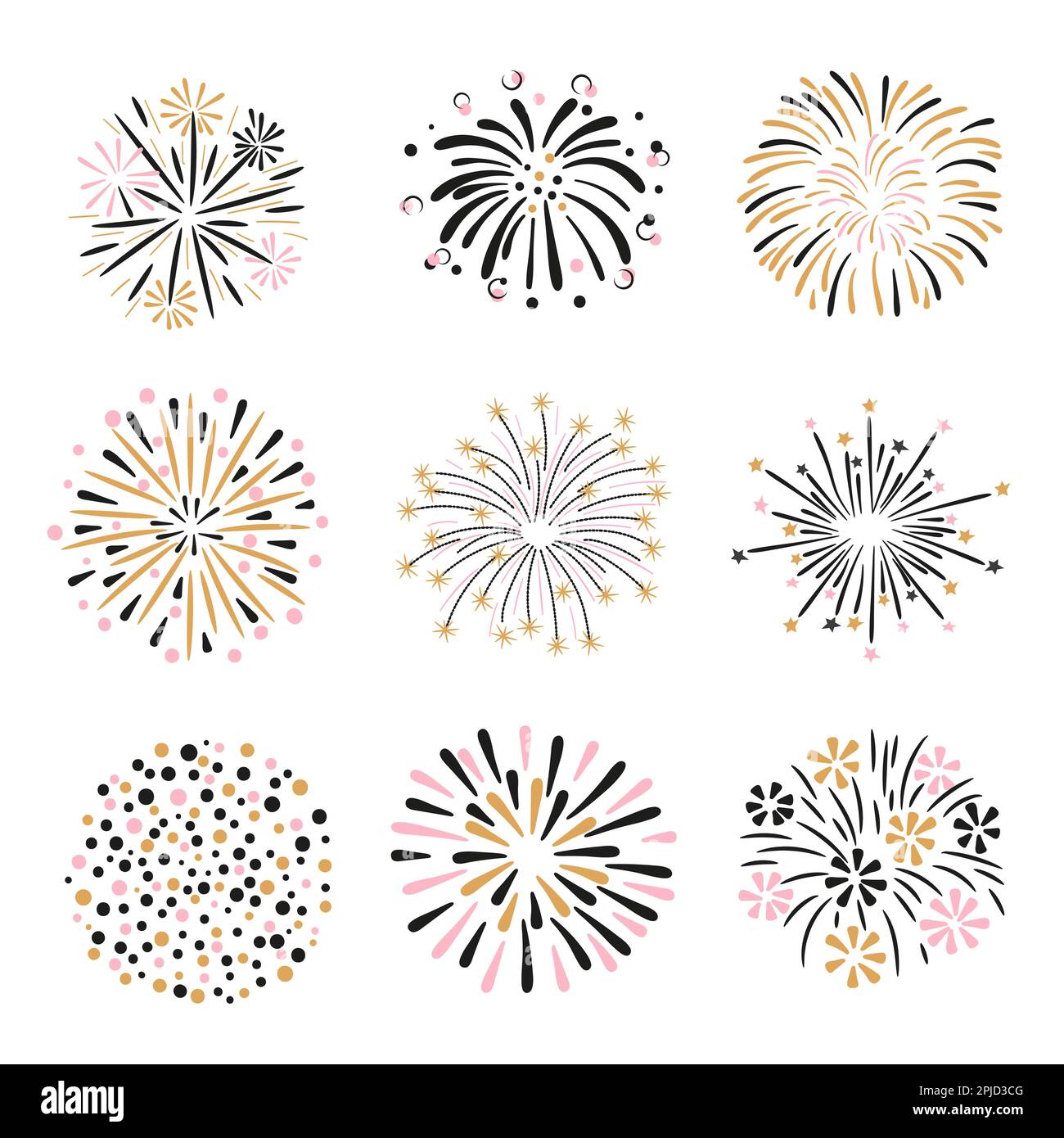 Set of hand drawn fireworks in pink, golden and black colors. Vector ...