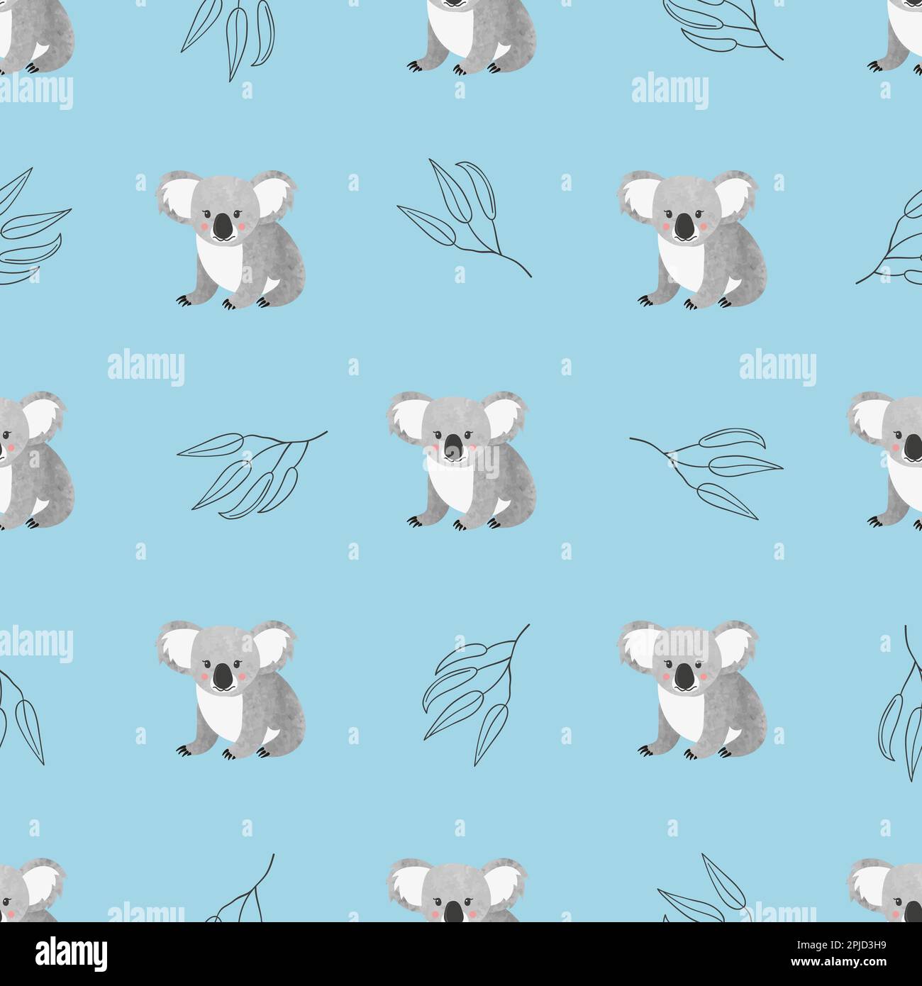 Seamless pattern with cute watercolor koala bears on blue. Vector background Stock Vector