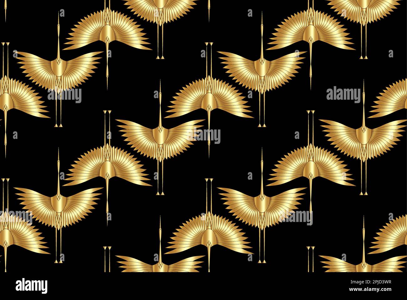 Gold Herons in Art Deco style. Seamless Pattern for interior decoration, textiles. Fashionable luxury home decor. Vector illustration golden texture Stock Vector