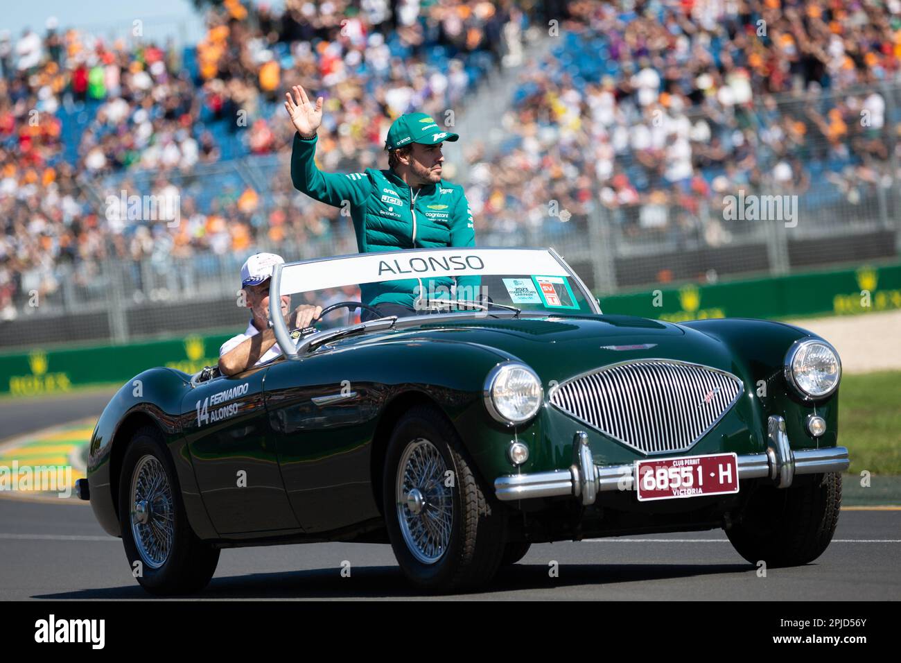 Melbourne, Australia, 2 April, 2023. Fernando Alonso (14) driving for Aston Martin Aramco Cognizant F1 Team during the Driver Parade at The Australian Formula One Grand Prix on April 02, 2023, at The Melbourne Grand Prix Circuit in Albert Park, Australia. Credit: Dave Hewison/Speed Media/Alamy Live News Stock Photo