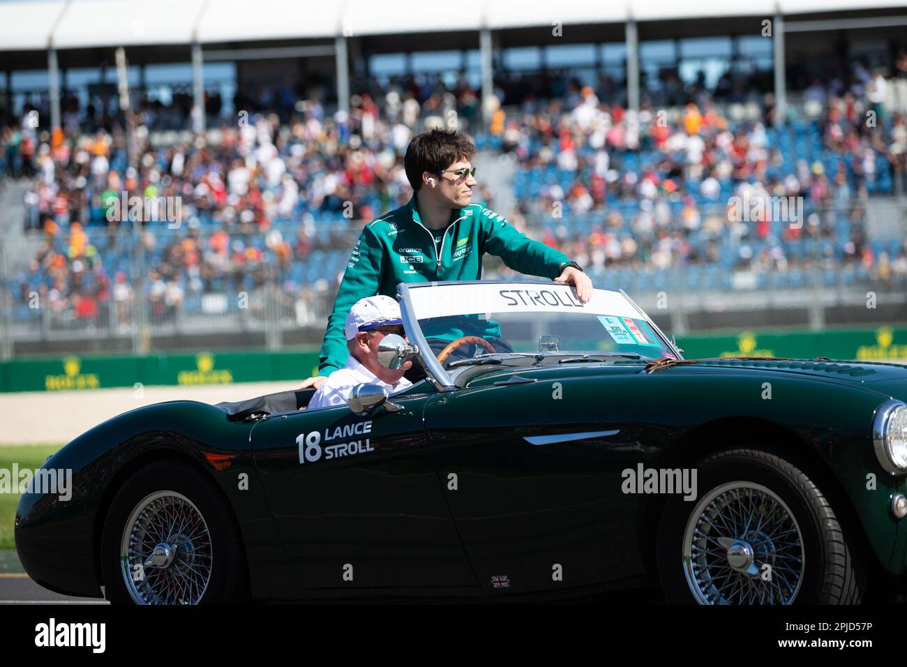 Melbourne, Australia, 2 April, 2023. Lance Stroll (18) driving for Aston Martin Aramco Cognizant F1 Team during the Driver Parade at The Australian Formula One Grand Prix on April 02, 2023, at The Melbourne Grand Prix Circuit in Albert Park, Australia. Credit: Dave Hewison/Speed Media/Alamy Live News Stock Photo