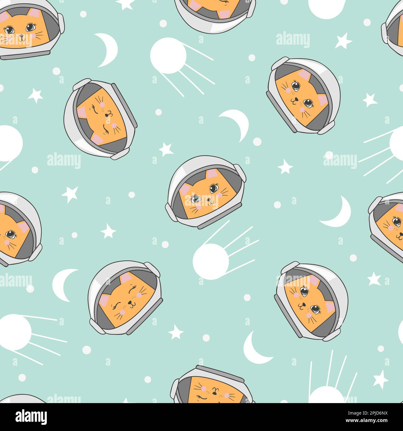 Seamless childish space pattern with cute cats astronauts. Stock Vector