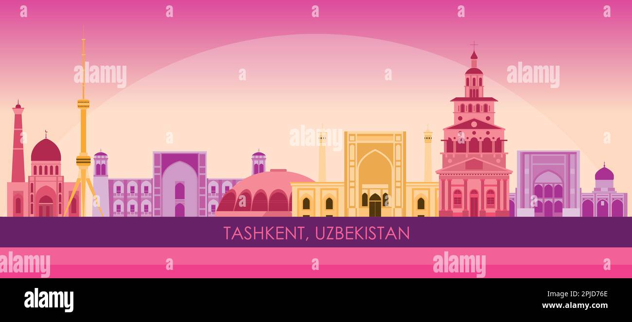 Sunset Skyline panorama of city of Tashkent, Uzbekistan - vector illustration Stock Vector