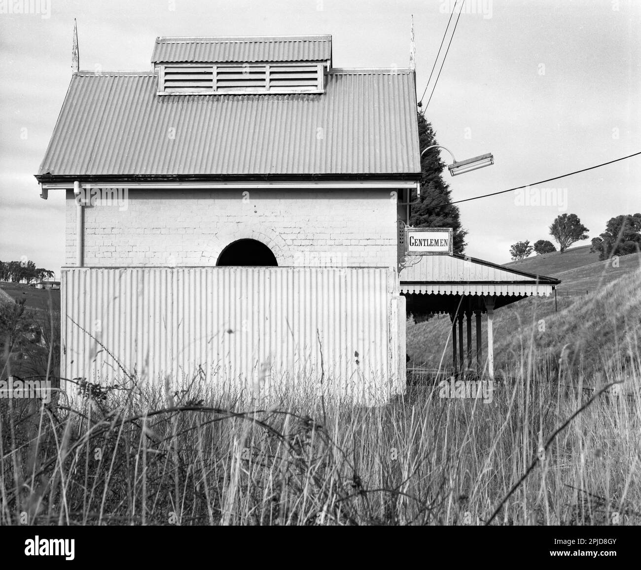 A 1980 black and white, medium format photograph of the gentlemen's toilets at the western end of the railway station in the historic town of Carcoar in Central Western New South Wales, Australia. In the foreground are overgrown native grasses and blackberry vines. The railway line to Carcoar was completed in 1888, when the station building and residence opened. the buildings and surrounds are heritage listed. Stock Photo