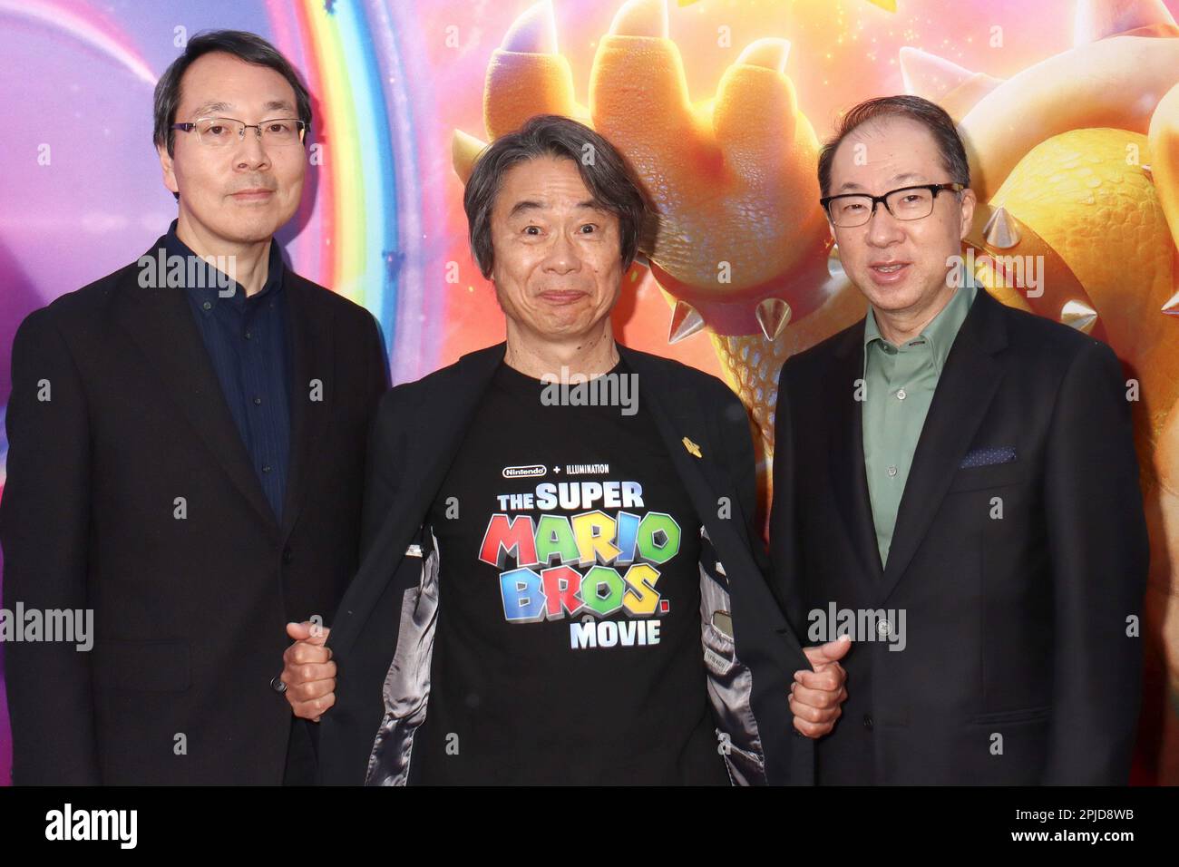 Takumi Kawagoe, Shigeru Miyamoto, Koji Kondo 04/01/2023 The Special  Screening of The Super Mario Bros. Movie held at the Regal LA Live in Los  Angeles, CA Photo by Izumi Hasegawa/HollywoodNewsWire.net Credit:  Newscom/Alamy