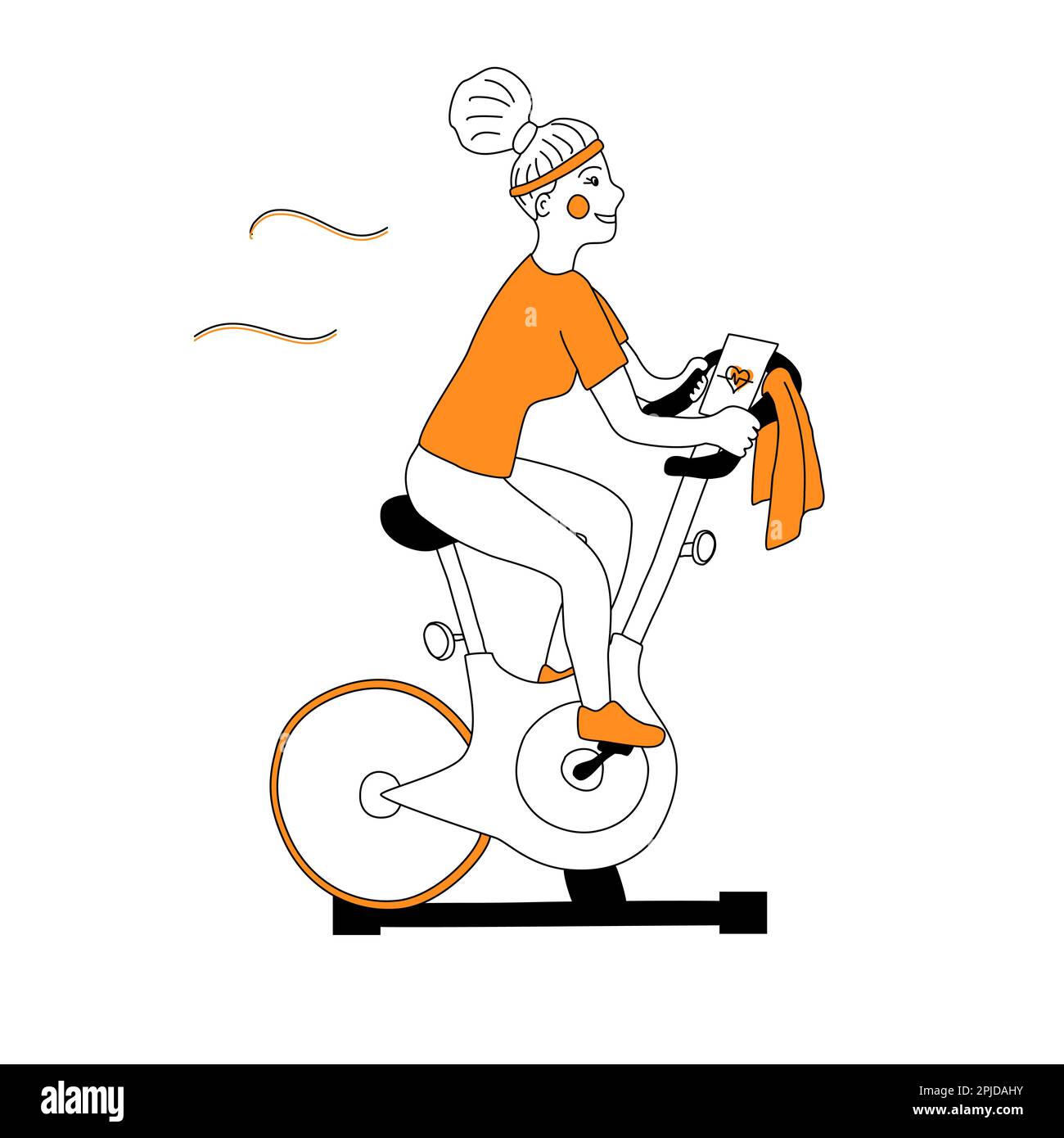 Active woman rides at exercise stationery bike. Young woman on bicycle