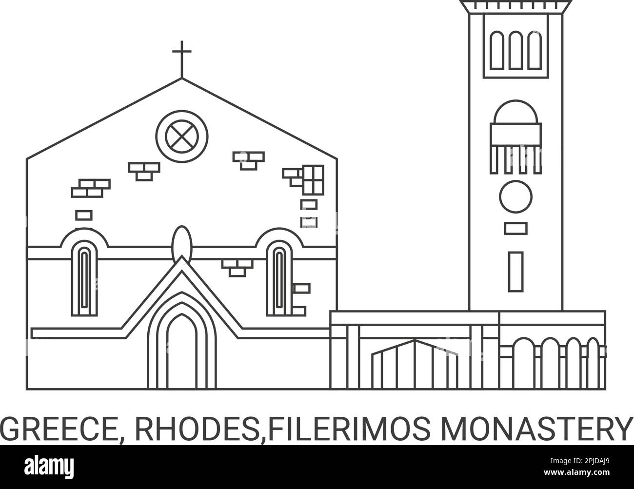 Greece, Rhodes,Filerimos Monastery, travel landmark vector illustration Stock Vector