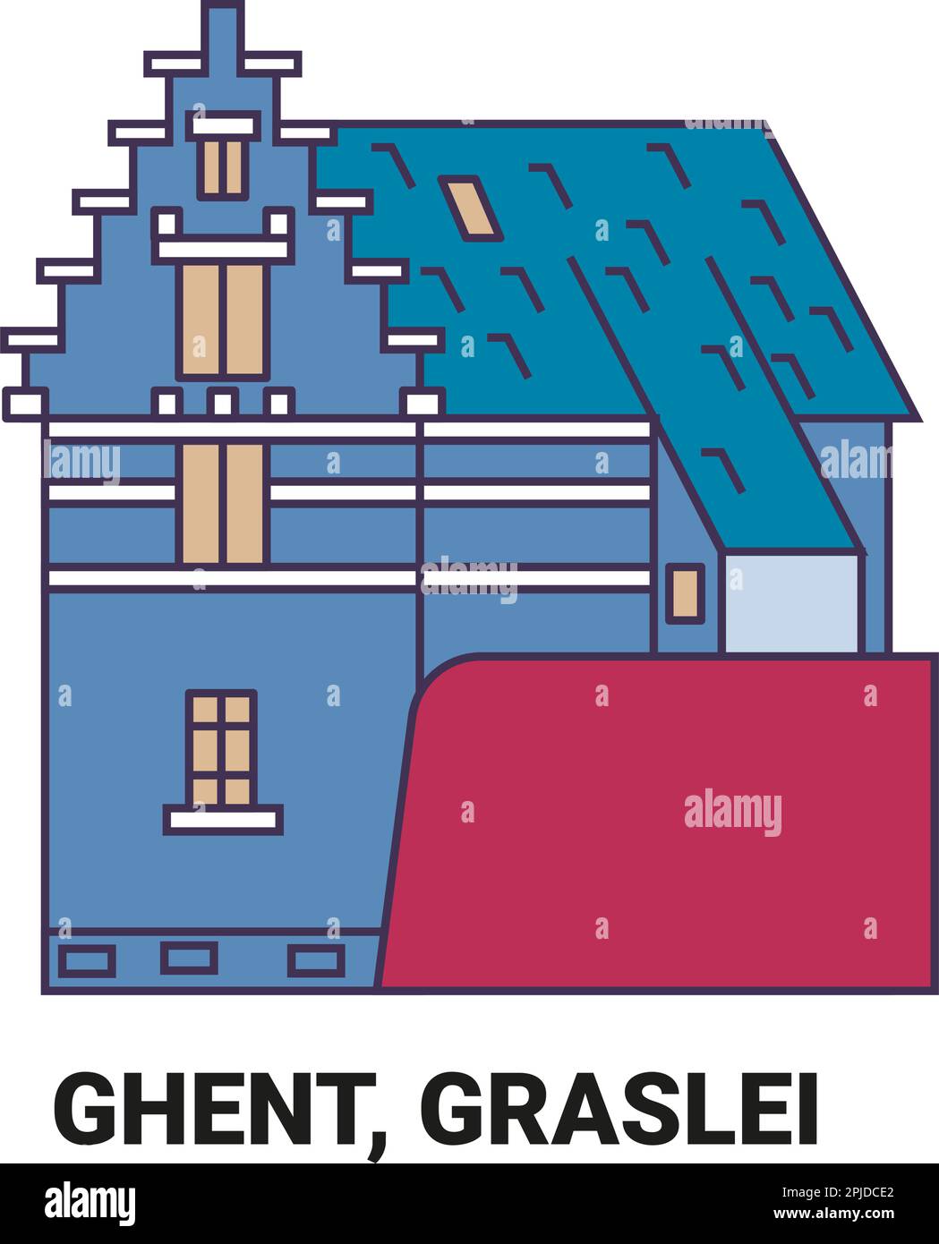 Belgium, Ghent, Graslei, travel landmark vector illustration Stock Vector
