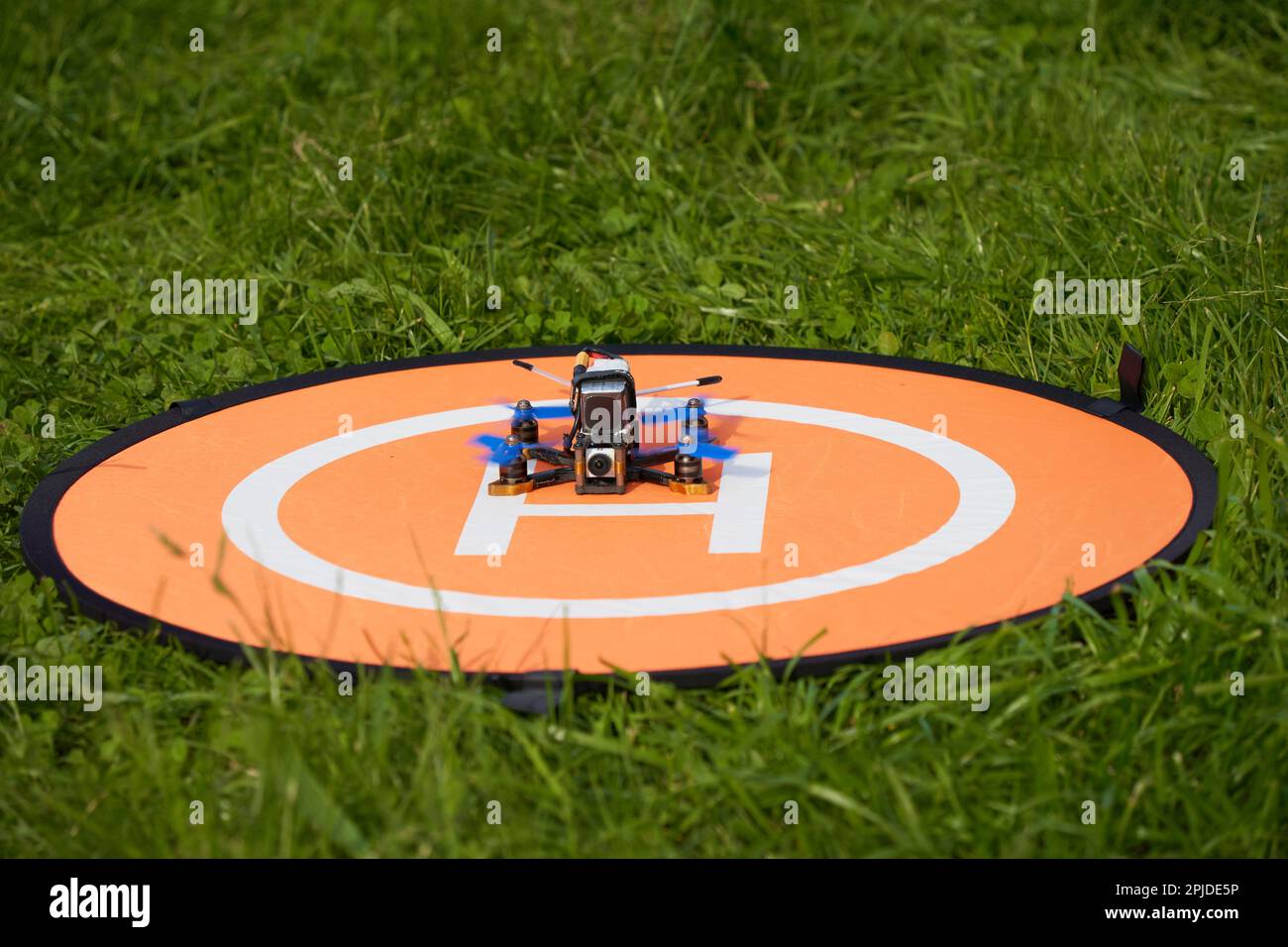 Small quadcopter with blue propellers on an orange landing pad(Landeplatz), which is located in the green meadow. Germany. Stock Photo