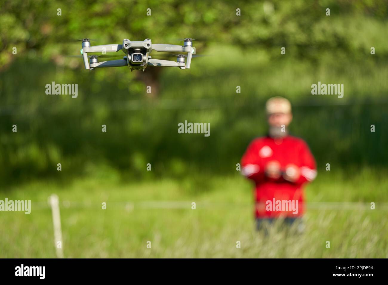 Nürtingen, Germany - May 29, 2021: Newest drone from manufacturer dji. Quadcopter air 2s with extensive photo and video functions. Safety systems such Stock Photo