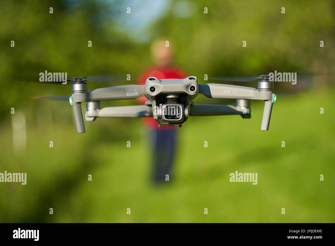 Nürtingen, Germany - May 29, 2021: Modern drone with lots of safety features and high quality camera from the manufacturer dji. The gray quadcopter ai Stock Photo
