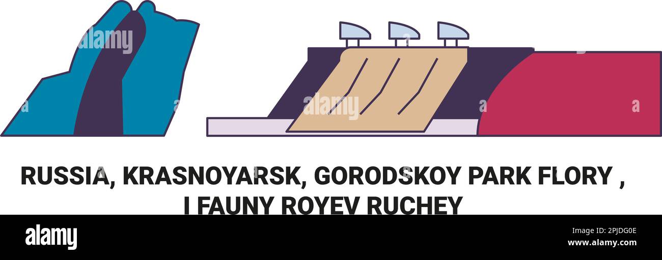 Russia, Krasnoyarsk, Gorodskoy Park Flory , I Fauny Royev Ruchey travel landmark vector illustration Stock Vector