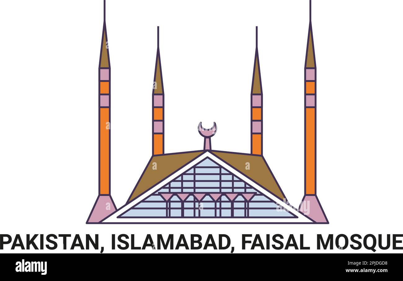Pakistan, Islamabad, Faisal Mosque, travel landmark vector illustration