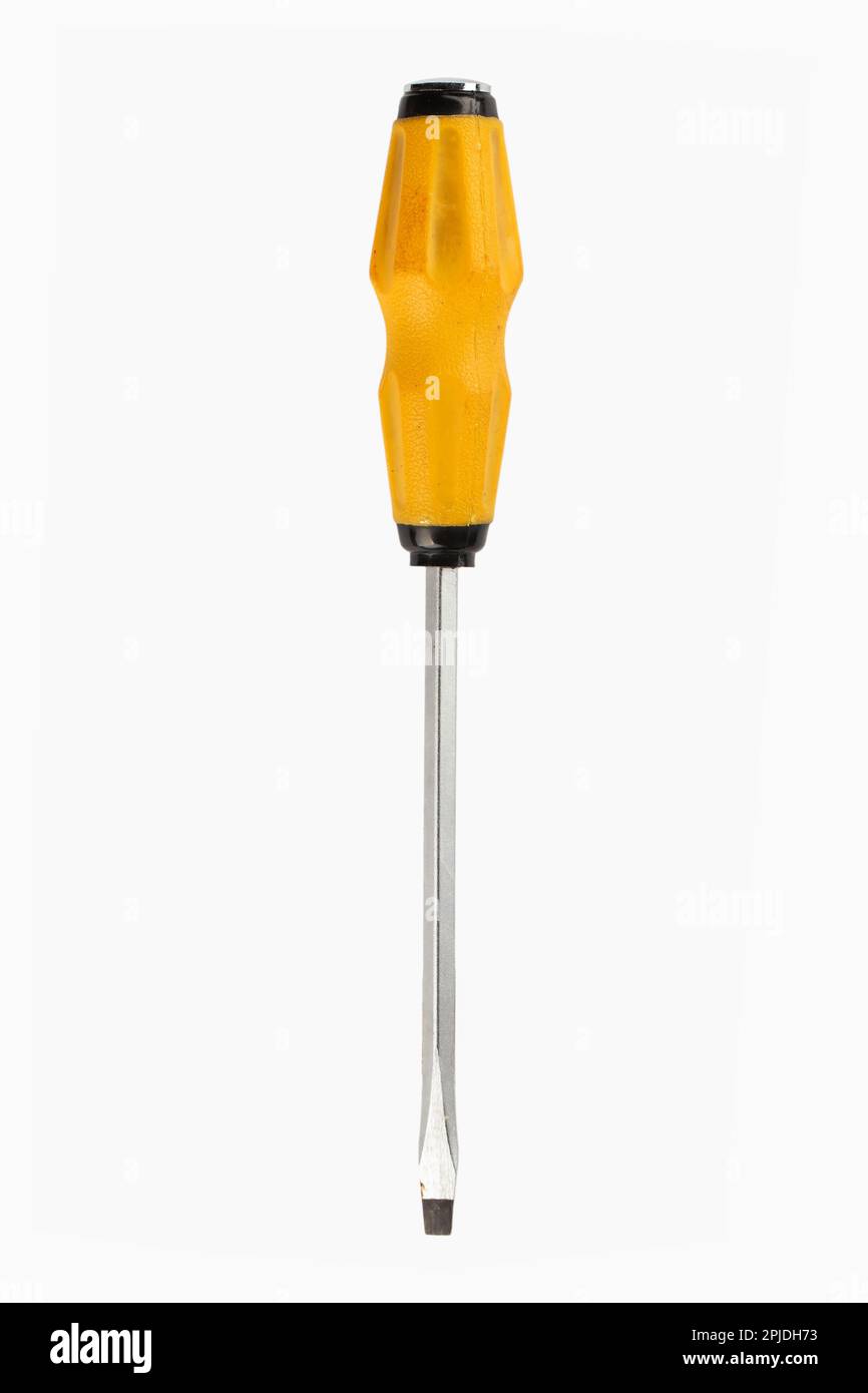 Yellow flat head screwdriver isolated on white background. Work tool