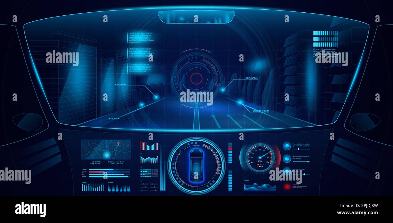 Game car control panel. Autonomous drive. Vehicle cockpit interface. Digital future road 