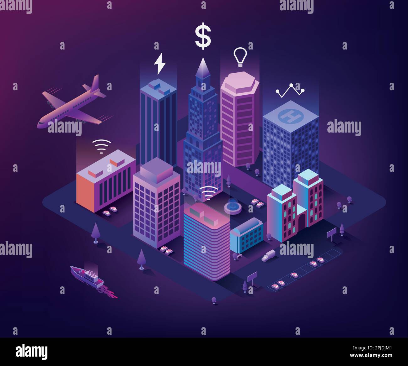 Isometric buildings. 3D smart city in neon night with planes and cars ...