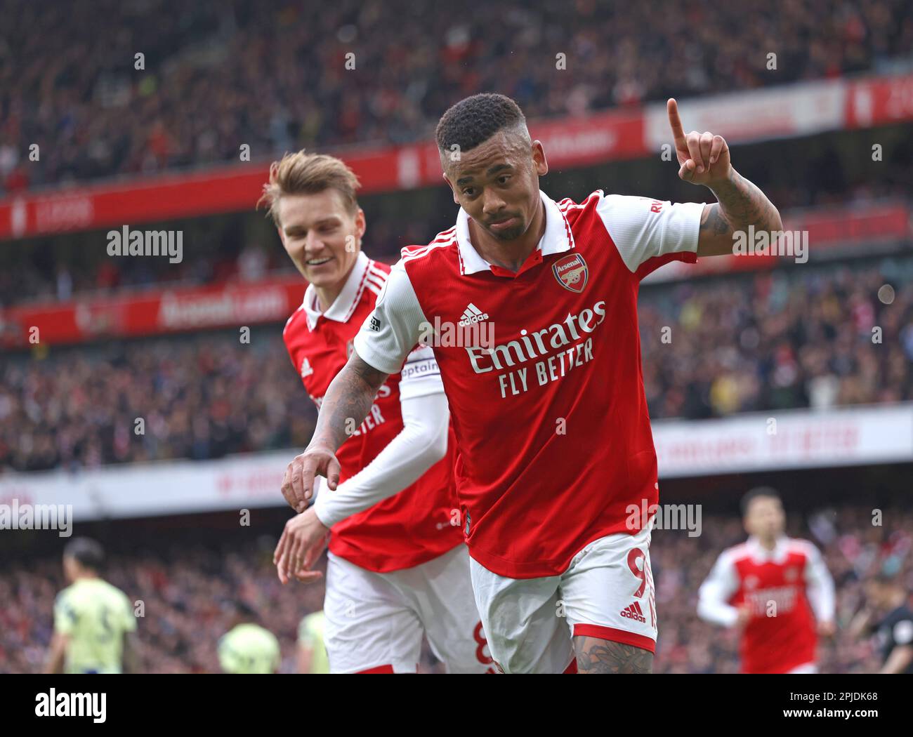 London, UK. 01st Apr, 2023. Gabriel Jesus (A) celebrates scoring from