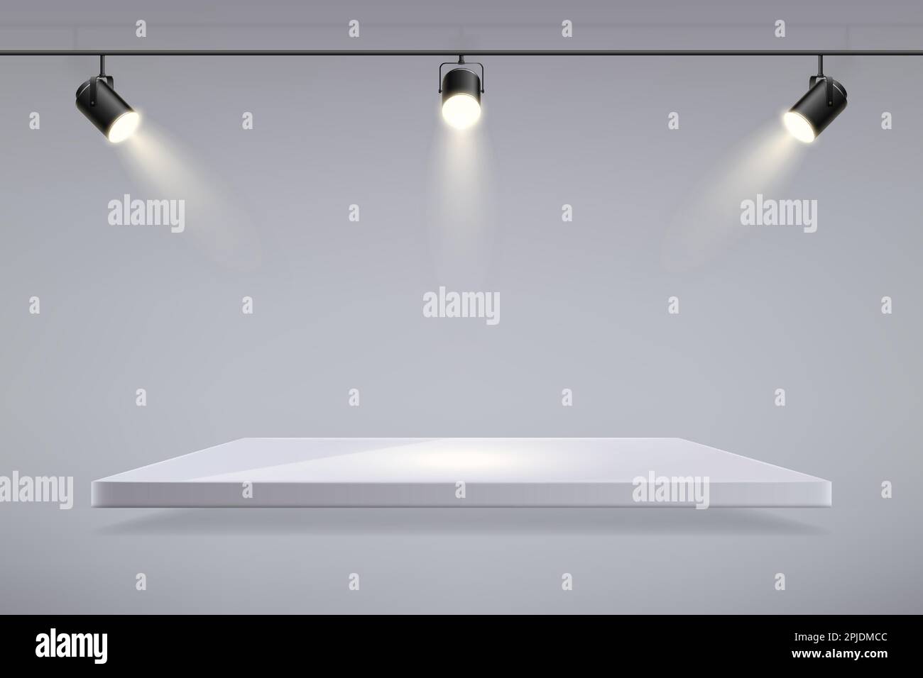 Spotlight lamps and reflector, white platform. Empty space for product presentation. Showroom wall with podium, 3d spot lights for highlight place, projector illumination. Vector realistic background Stock Vector