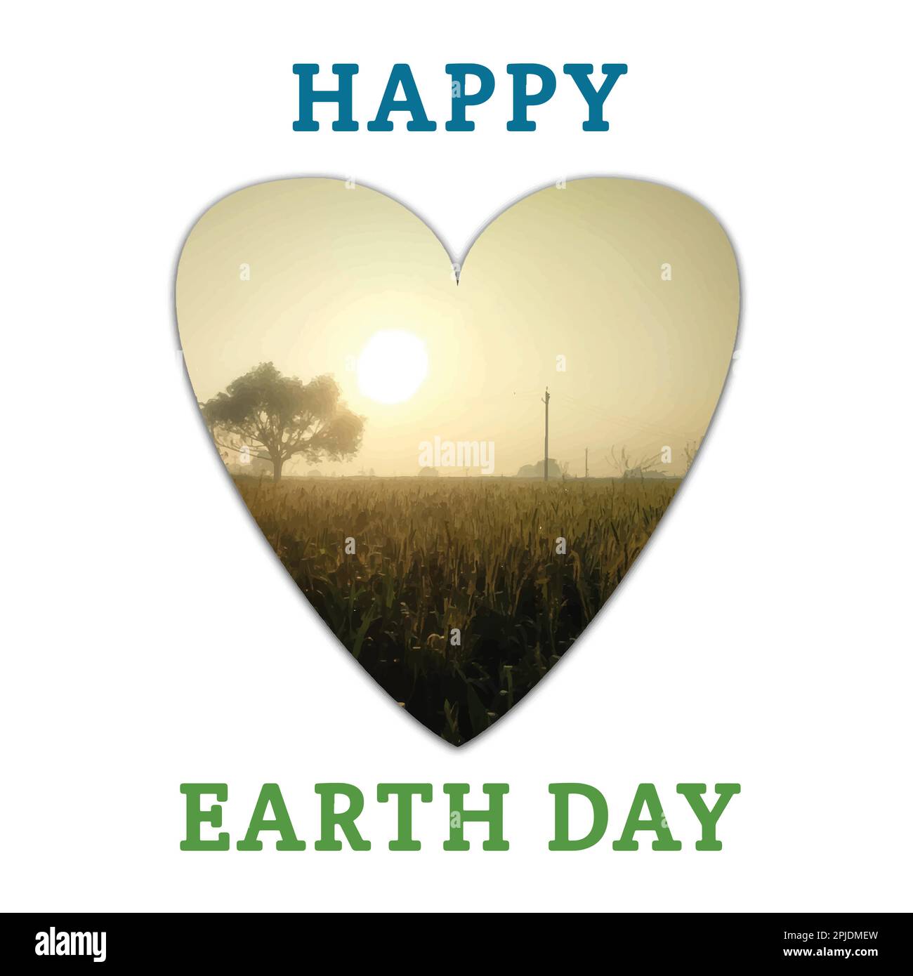 Happy Earth Day concept with heart shape over wheat field and tree. Vector illustration Stock Vector