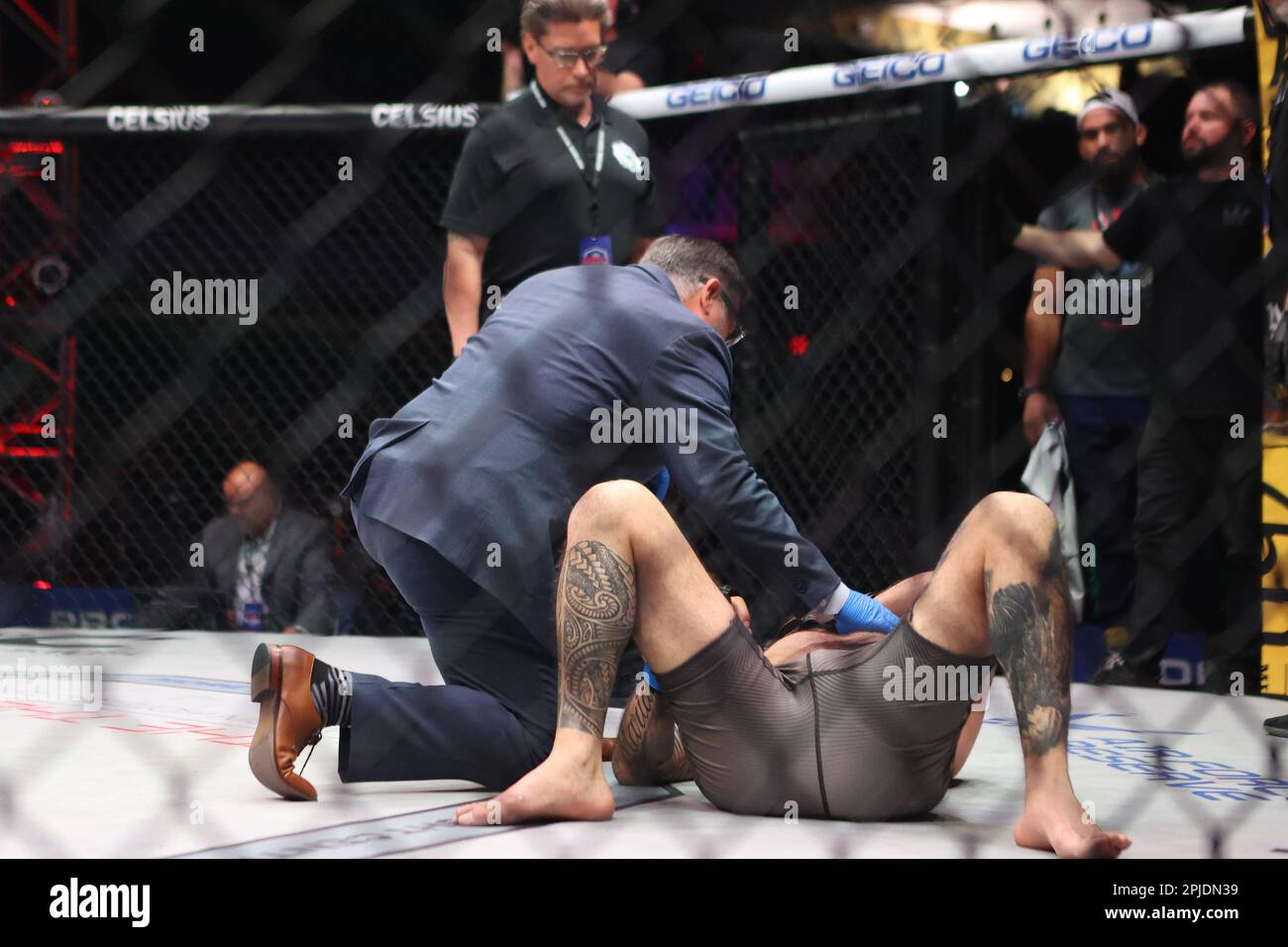 Las Vegas, NV, USA. 1st Apr, 2023. Light Heavyweight Mohammad Fakhreddine is check by a physician during the PFL 1 Regular Season Fight Night at The Theater inside the Virgin Hotel on April 1, 2023 in Las Vegas, NV. Christopher Trim/CSM/Alamy Live News Stock Photo