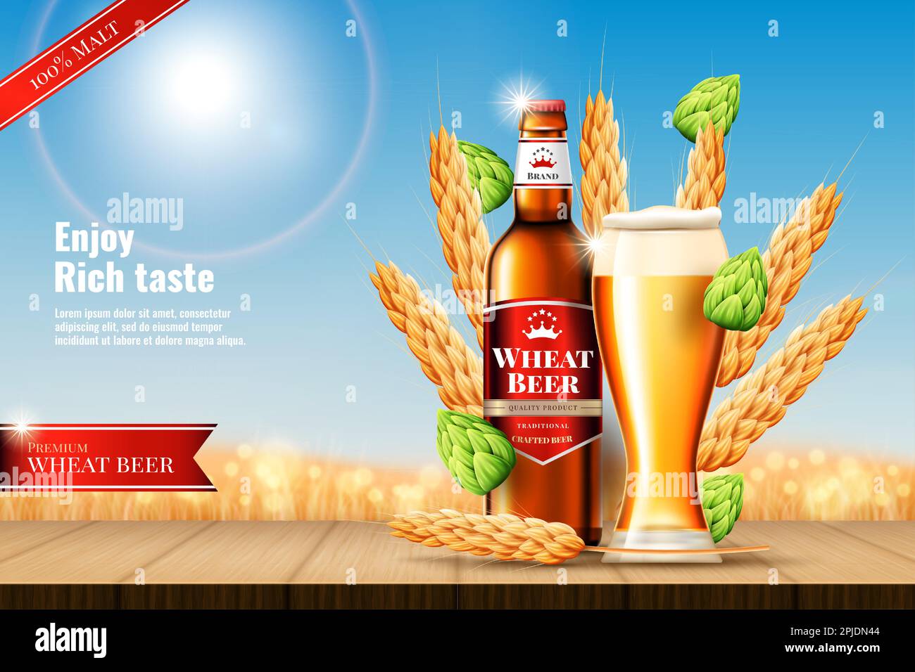 3D wheat beer ad banner design. Realistic malt product. Advertising of nature alcohol