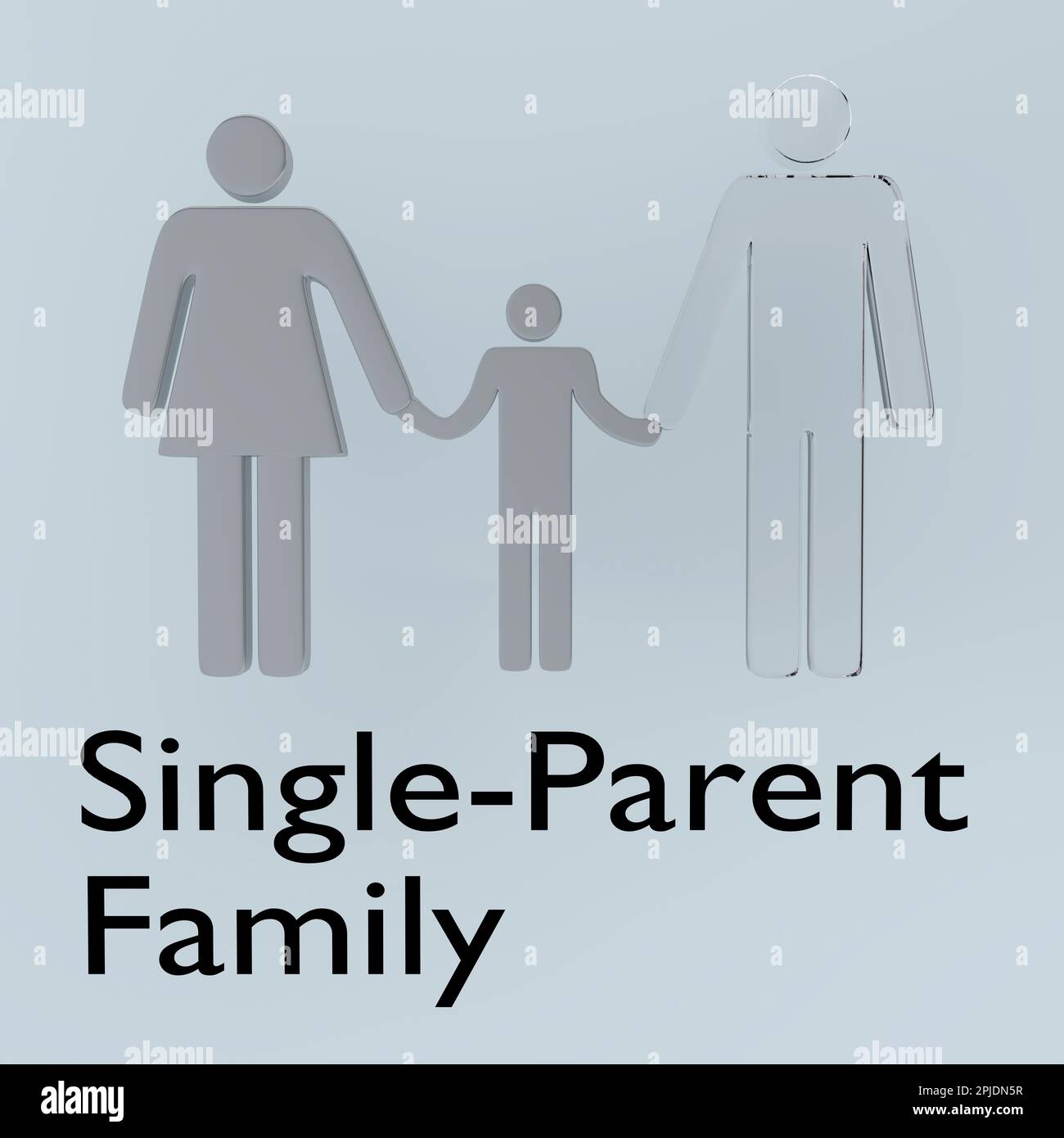 3D illustration of a child holding hands with his mother and a transparent image of a man resembling the missing father, titled as Single-Parent Famil Stock Photo