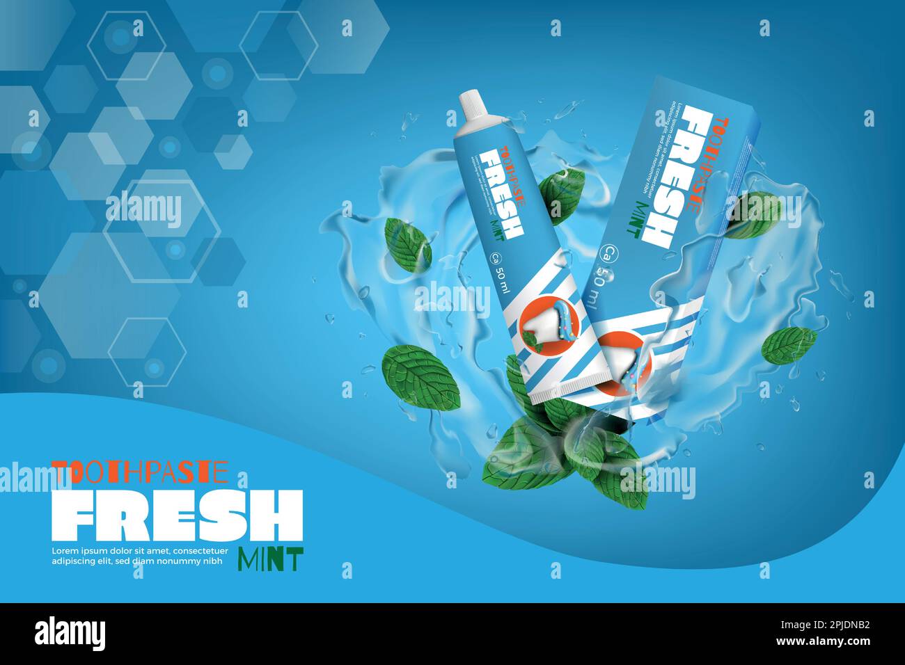 Dental protection. Toothpaste ad banner. Green mint leaves and water