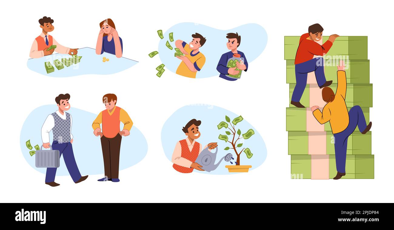 Money salary. Finance ladder levels. Businessman in growth and richness. Poor and rich persons. Unequal income for junior workers. Stingy or generous. Banknotes stack. Cash tree. Vector financial set Stock Vector