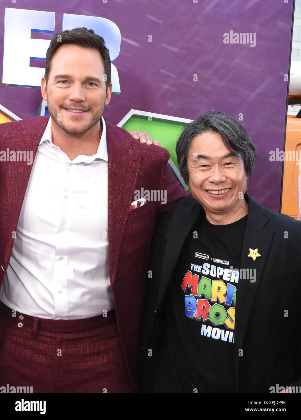 Los Angeles, California, USA 1st April 2023 Actor Chris Pratt and  Producer/CEO of Nintendo, Creator of Mario, Shigeru Miyamoto attend a  Special Screening of Universal Pictures' The Super Mario Bros at Regal