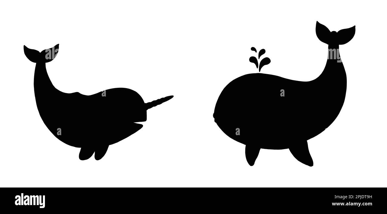 Black silhouette of narwhal and whale. Drawing with funny animals. Template for children to cut out. Stock Photo