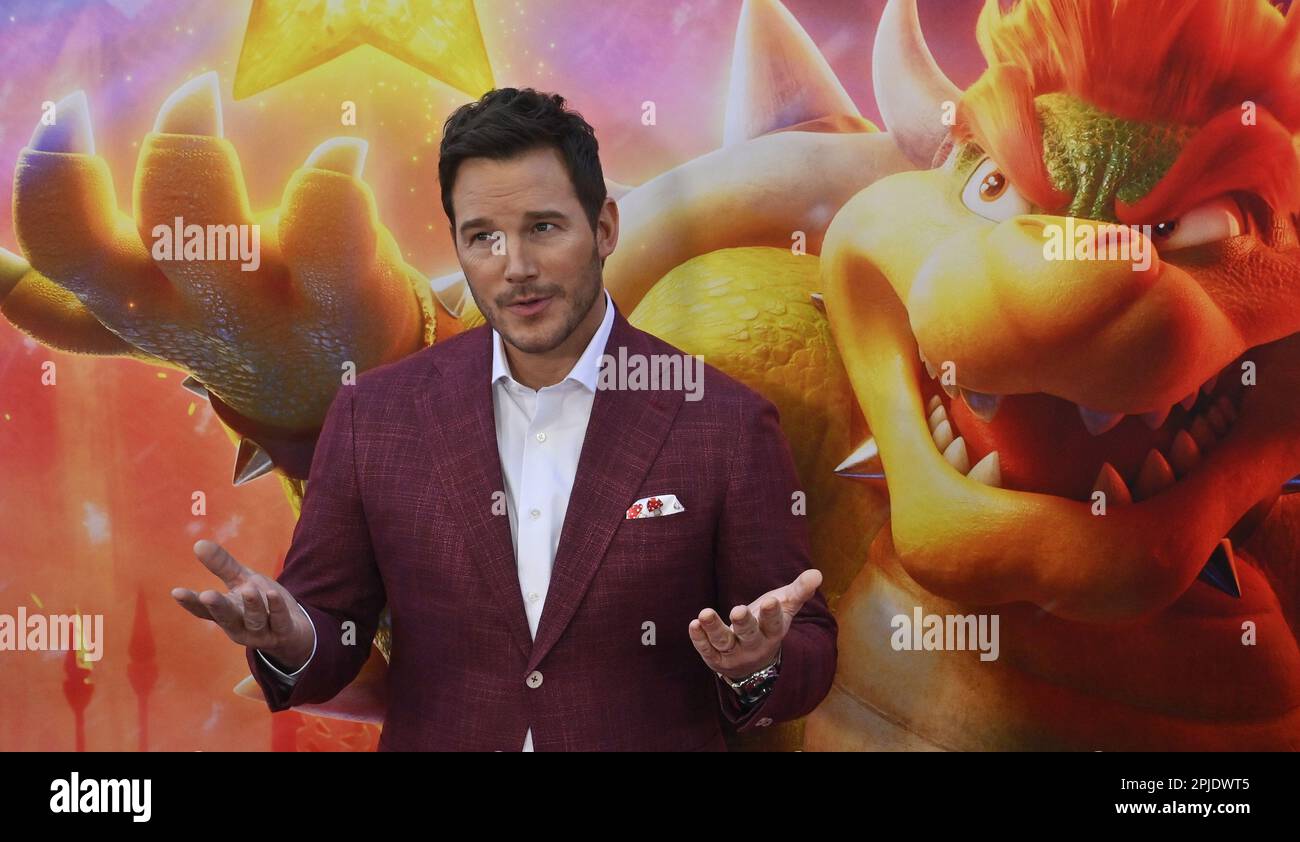 Los Angeles, United States. 01st Apr, 2023. Cast member Chris Pratt, the voice of Mario, attends the premiere of the animated sci-fi fantasy comedy motion picture 'The Super Mario Bros. Movie' at Regal L.A. Live in Los Angeles on Saturday, April 1, 2023. Storyline: A Brooklyn plumber named Mario travels through the Mushroom Kingdom with a princess named Peach and an anthropomorphic mushroom named Toad to find Mario's brother, Luigi, and to save the world from a ruthless fire-breathing Koopa named Bowser. Photo by Jim Ruymen/UPI Credit: UPI/Alamy Live News Stock Photo