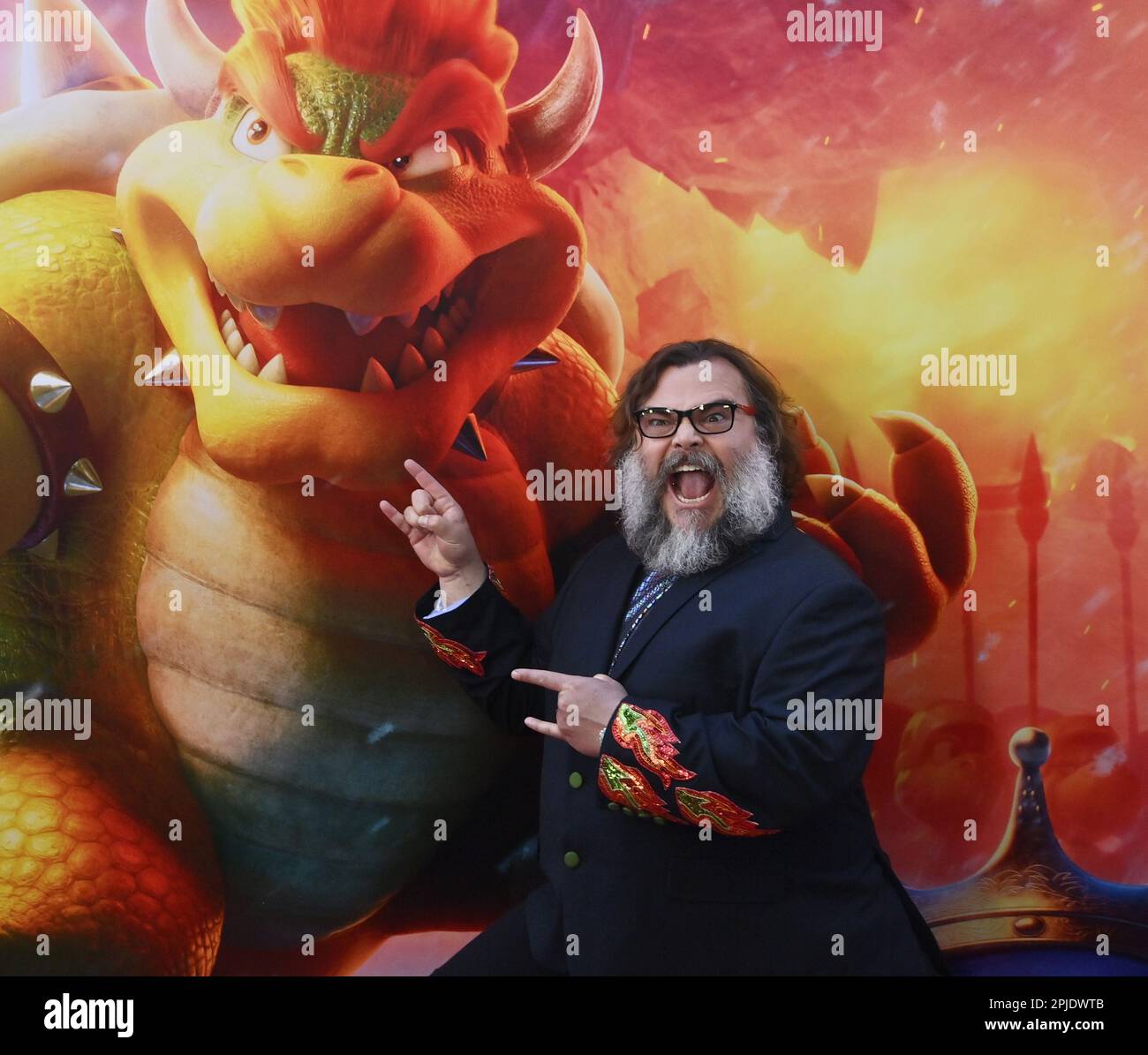 Los Angeles, United States. 01st Apr, 2023. Cast member Jack Black, the voice of Bowser, attends the premiere of the animated sci-fi fantasy comedy motion picture 'The Super Mario Bros. Movie' at Regal L.A. Live in Los Angeles on Saturday, April 1, 2023. Storyline: A Brooklyn plumber named Mario travels through the Mushroom Kingdom with a princess named Peach and an anthropomorphic mushroom named Toad to find Mario's brother, Luigi, and to save the world from a ruthless fire-breathing Koopa named Bowser. Photo by Jim Ruymen/UPI Credit: UPI/Alamy Live News Stock Photo