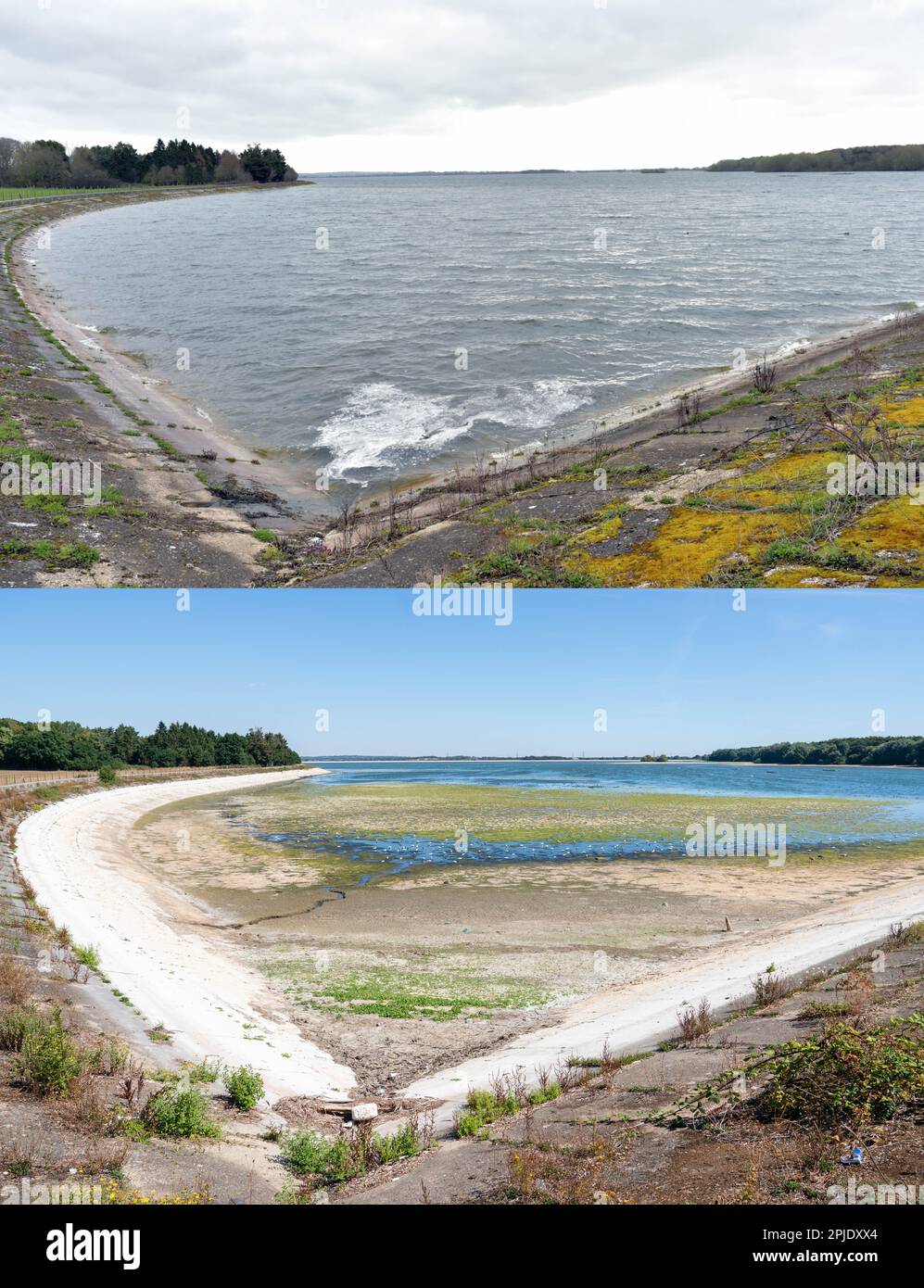 Composite of photos dated 02/04/23 (top) showing Hanningfield Reservoir, in Essex, after the recent wet weather throughout March, and on 10/08/22 (bottom) during a particularly dry summer. Reservoirs across England appear to have benefited from the country's wettest March in more than 40 years. Issue date: Sunday April 2, 2023. Stock Photo