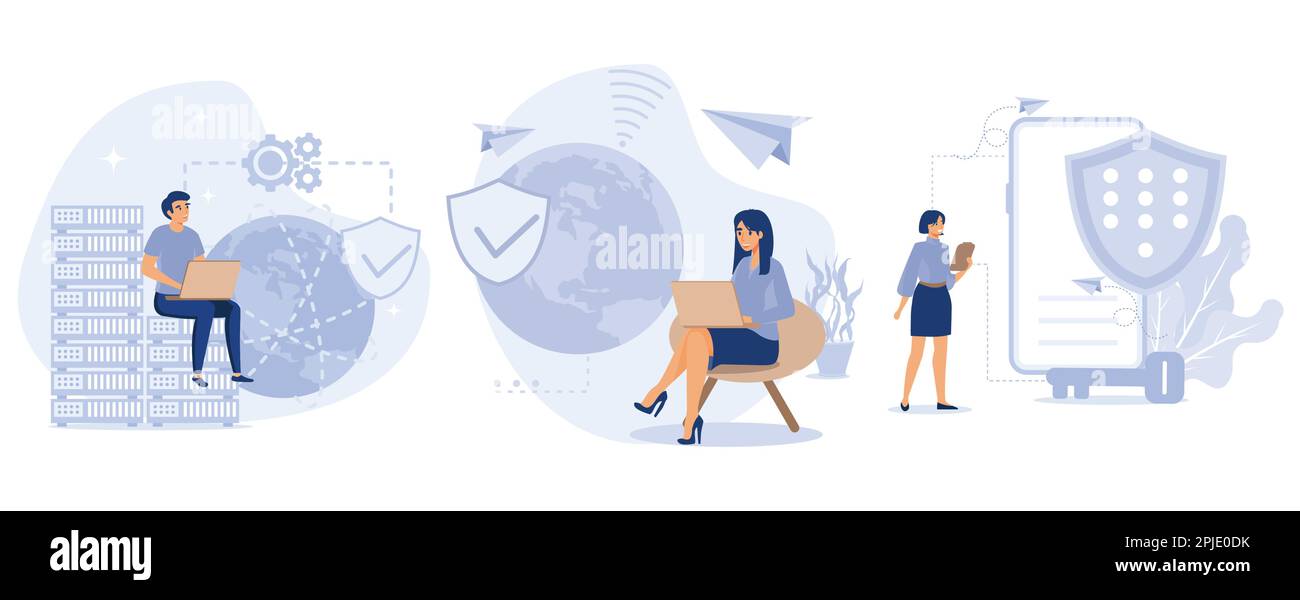 Internet security settings, Proxy server, VPN access, secure web traffic, IP address, network access, connectivity, encrypted data transfer, set flat Stock Vector