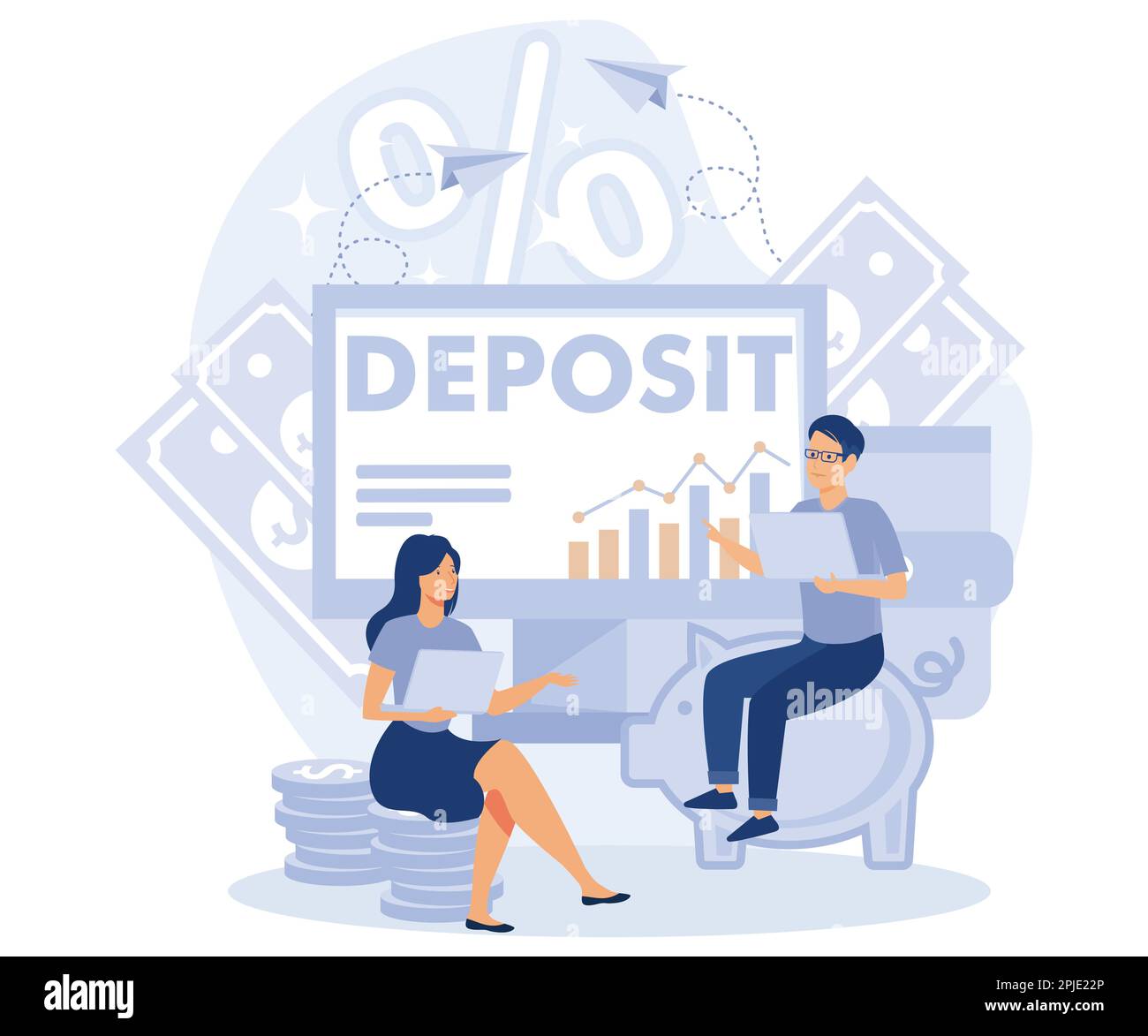 Deposit concept. Longterm money saving finance. Tiny people put money