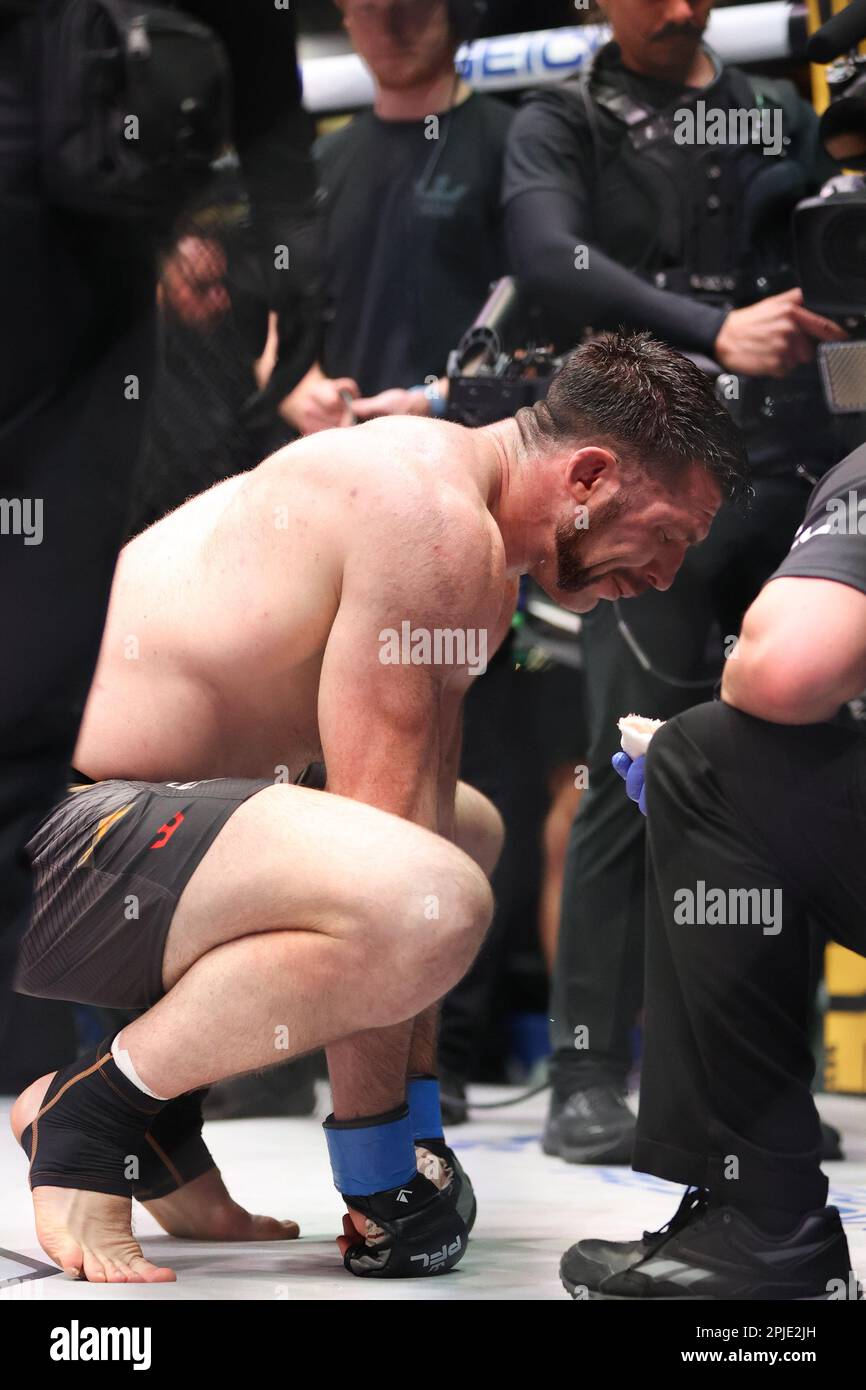Las Vegas, NV, USA. 1st Apr, 2023. Light Heavyweight (L) Will Fleury takes a few seconds to catch his breath at the conclusion of his PFL 1 Regular Season Fight Night at The Theater inside the Virgin Hotel on April 1, 2023 in Las Vegas, NV. Christopher Trim/CSM/Alamy Live News Stock Photo
