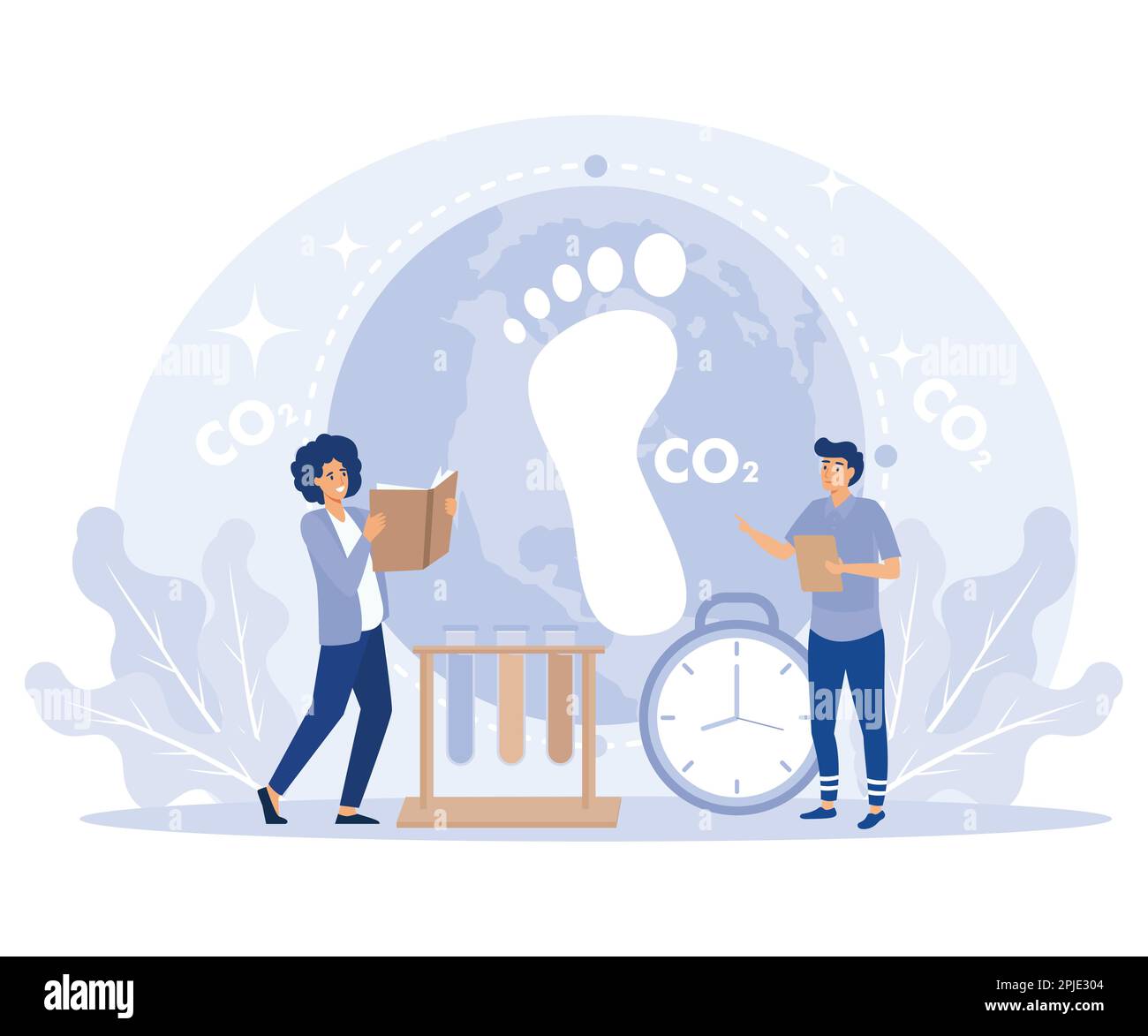 Carbon footprint effect analysis, environmental pollution with CO2, people analyze impact of greenhouse gas on environment, flat vector modern illustr Stock Vector