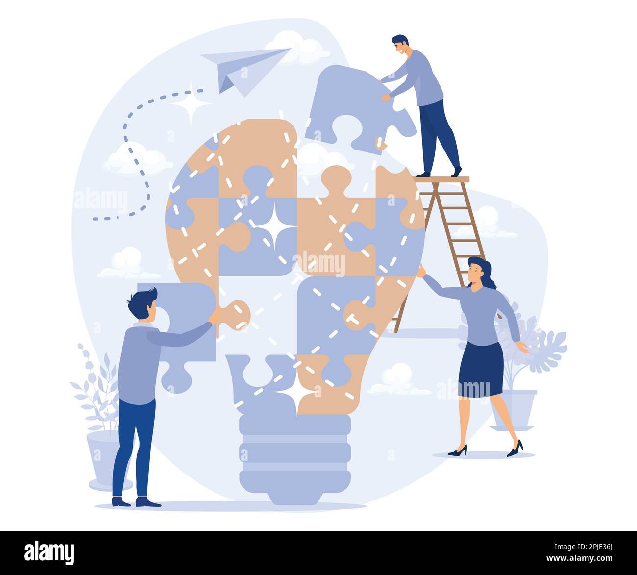 Business teamwork on creative light bulb puzzle, people connecting pieces of big lamp together, partnership and creativity, flat vector modern illustr Stock Vector