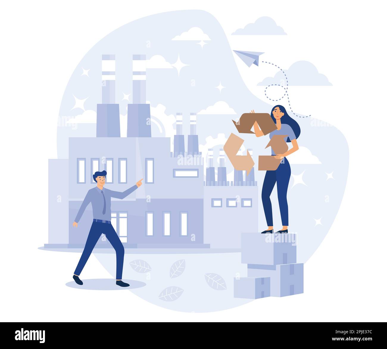 Eco friendly factory, green technology for industry and energy production, woman holding recycle sign to save nature and ecology, flat vector modern i Stock Vector
