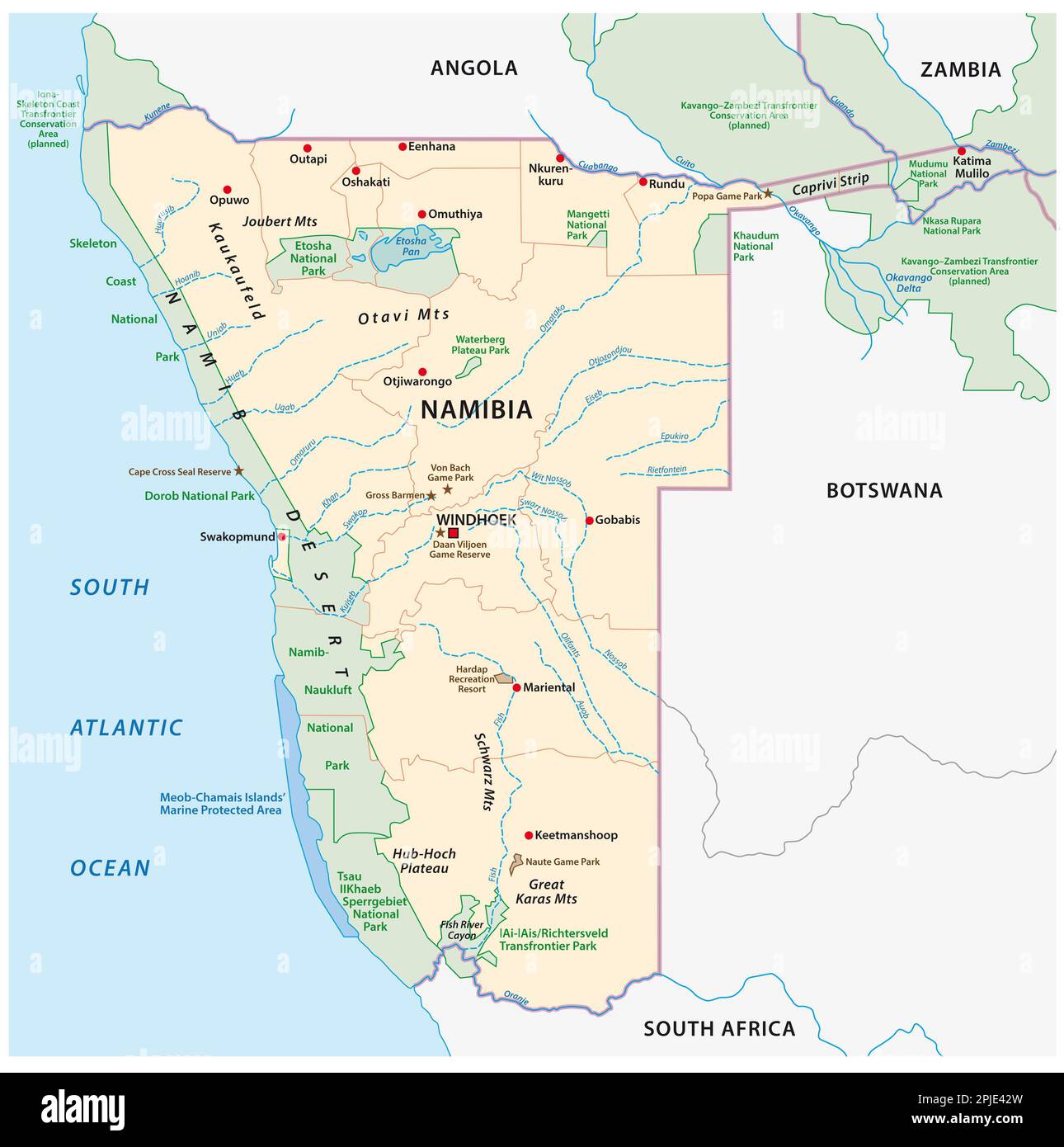 Detailed vector map of wildlife sanctuaries in Namibia Stock Photo