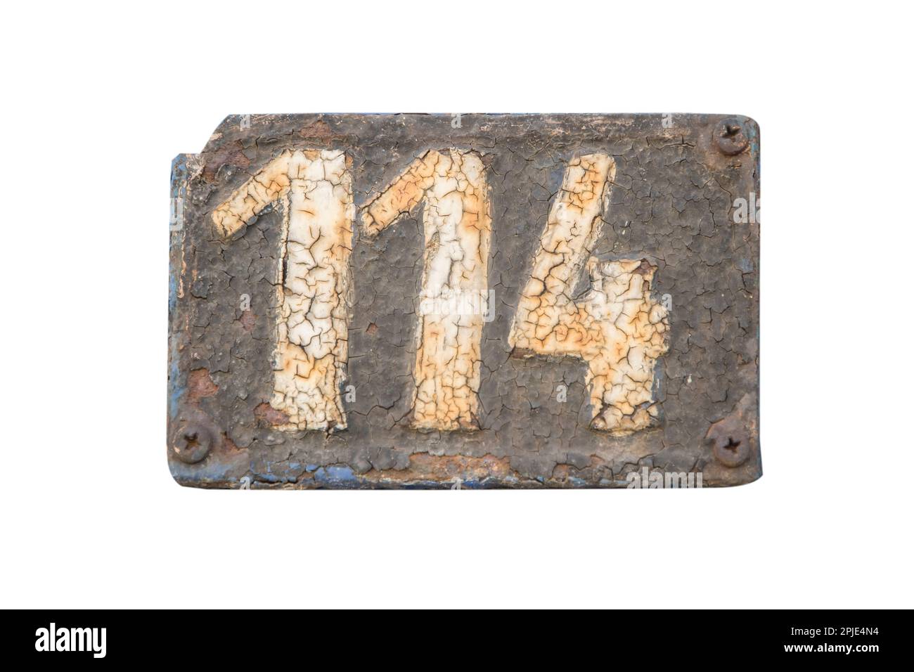 Old retro weathered cast iron plate with number 114 closeup isolated on white background Stock Photo