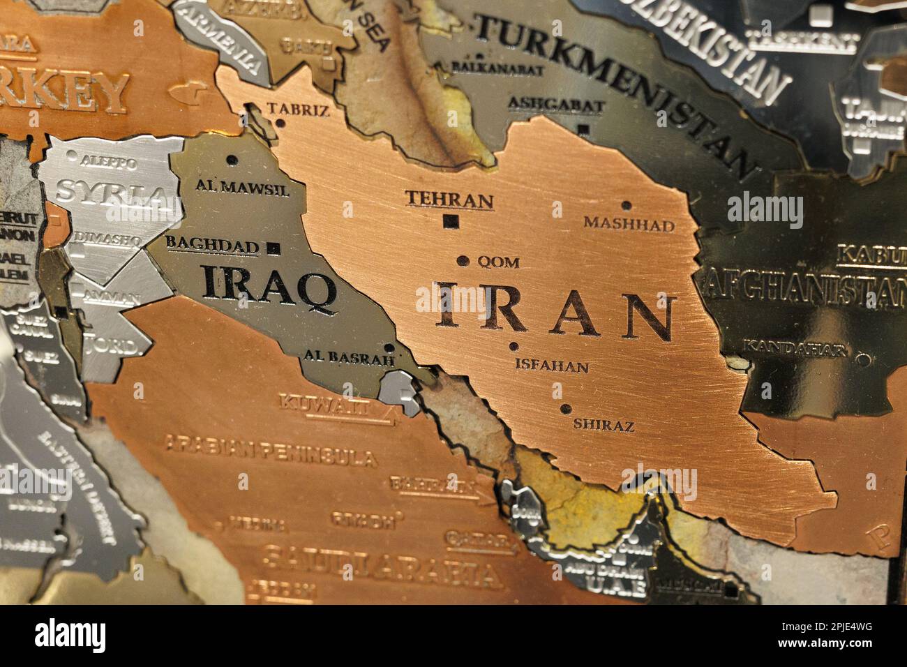 Geographic Map Made Of Metallic Material With The Middle East   Geographic Map Made Of Metallic Material With The Middle East Territories In The Foreground 2PJE4WG 