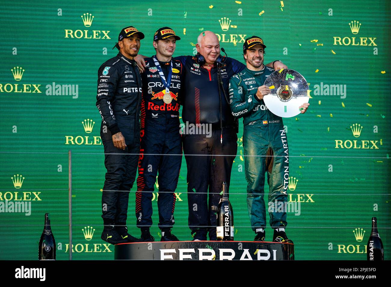 Melbourne, Australia. 2nd Apr, 2023. #44 Lewis Hamilton (GBR, Mercedes-AMG Petronas F1 Team), #1 Max Verstappen (NLD, Oracle Red Bull Racing), #14 Fernando Alonso (ESP, Aston Martin Aramco Cognizant F1 Team), F1 Grand Prix of Australia at Albert Park Circuit on April 2, 2023 in Melbourne, Australia. (Photo by HIGH TWO) Credit: dpa/Alamy Live News Stock Photo