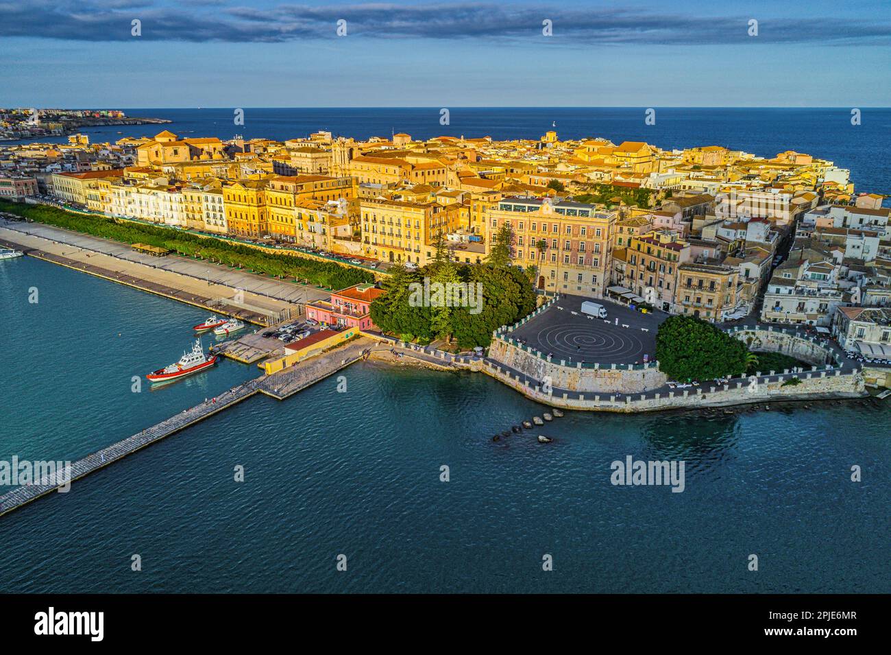 Aerial view of the island of Ortigia of its noble palaces and of the